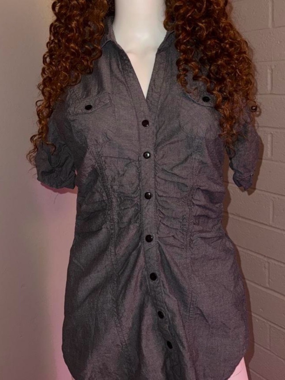 Button-Front Ruched Charcoal Women's Shirt